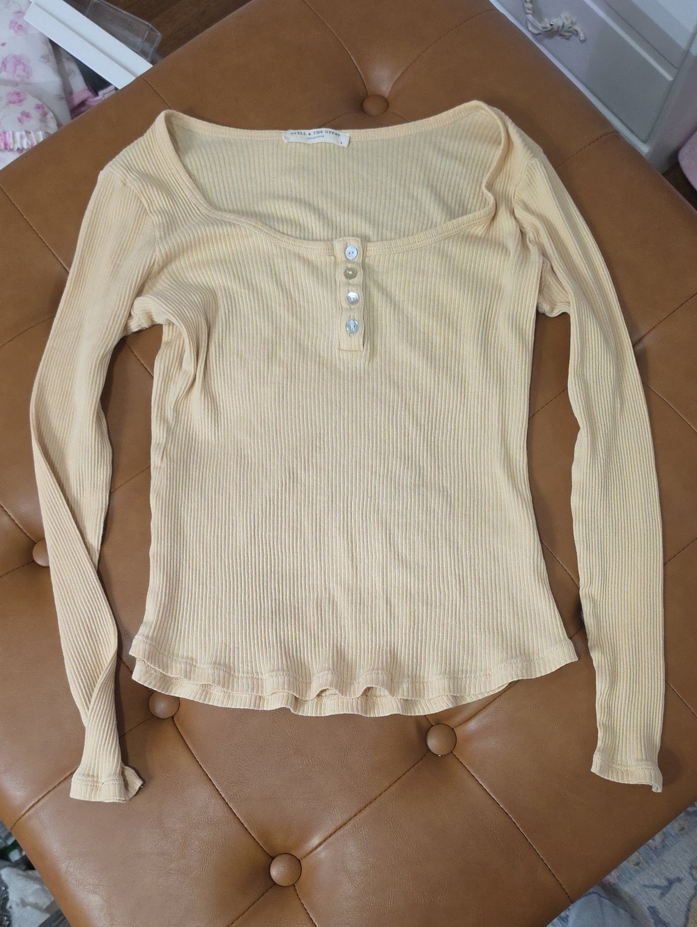 S Spell Rosa Ribbed Square-Neck Henley Long-Sleeve Top - Cream
